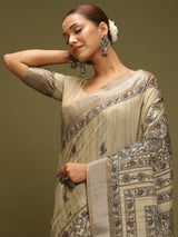 VANIKA PRINT-`Elegant Beige Madhubani Printed Linen Saree with Floral Heritage Border