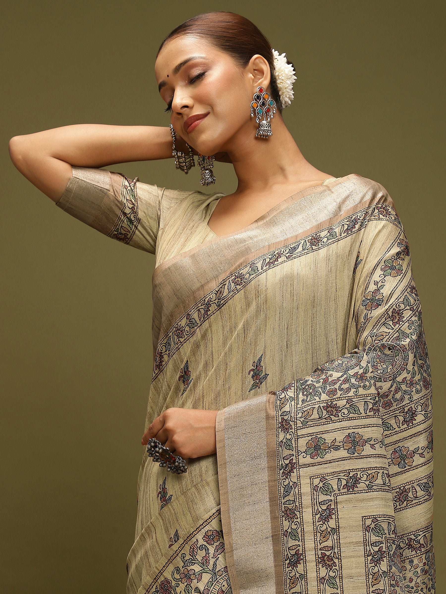 VANIKA PRINT-`Elegant Beige Madhubani Printed Linen Saree with Floral Heritage Border