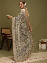 VANIKA PRINT-`Elegant Beige Madhubani Printed Linen Saree with Floral Heritage Border