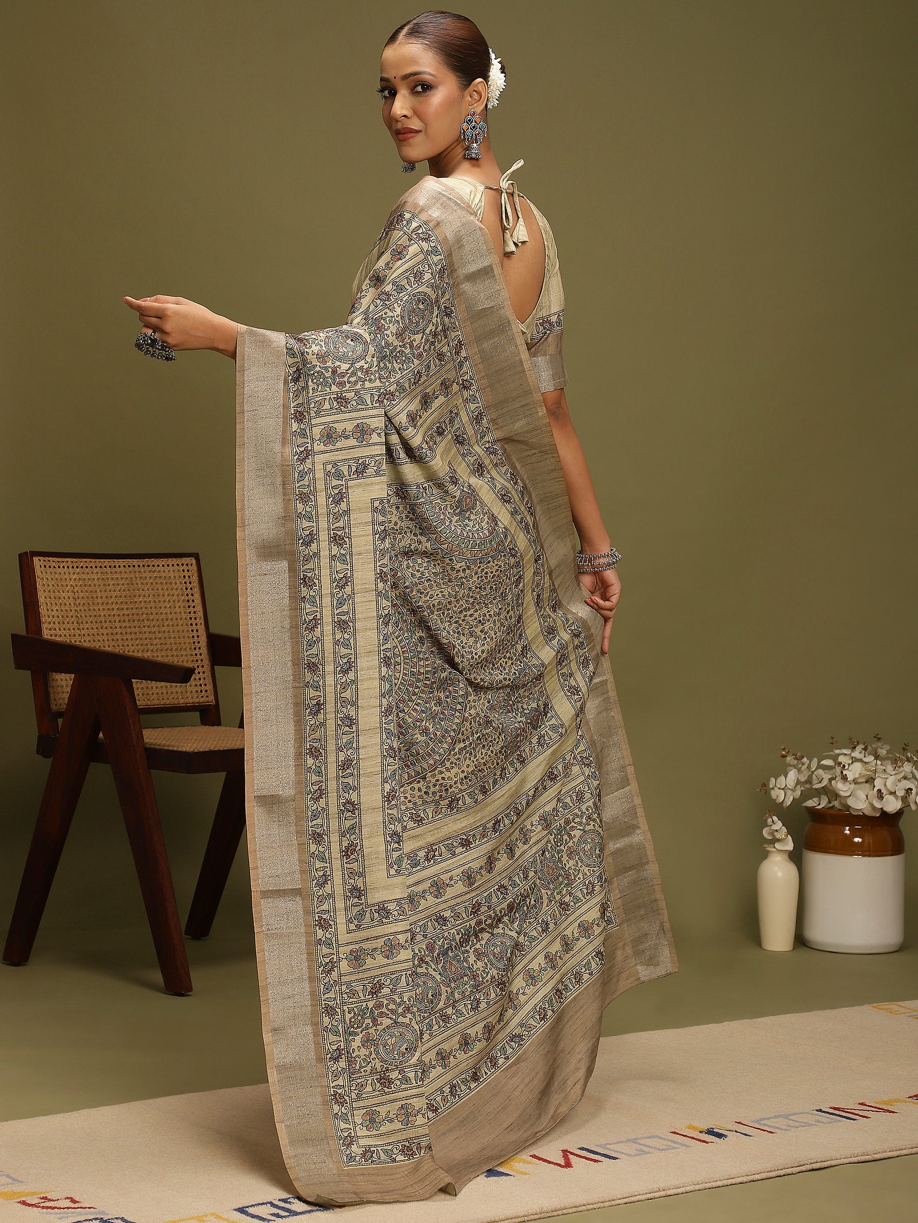 VANIKA PRINT-`Elegant Beige Madhubani Printed Linen Saree with Floral Heritage Border