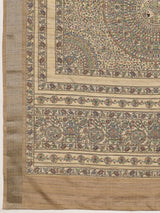 VANIKA PRINT-`Elegant Beige Madhubani Printed Linen Saree with Floral Heritage Border