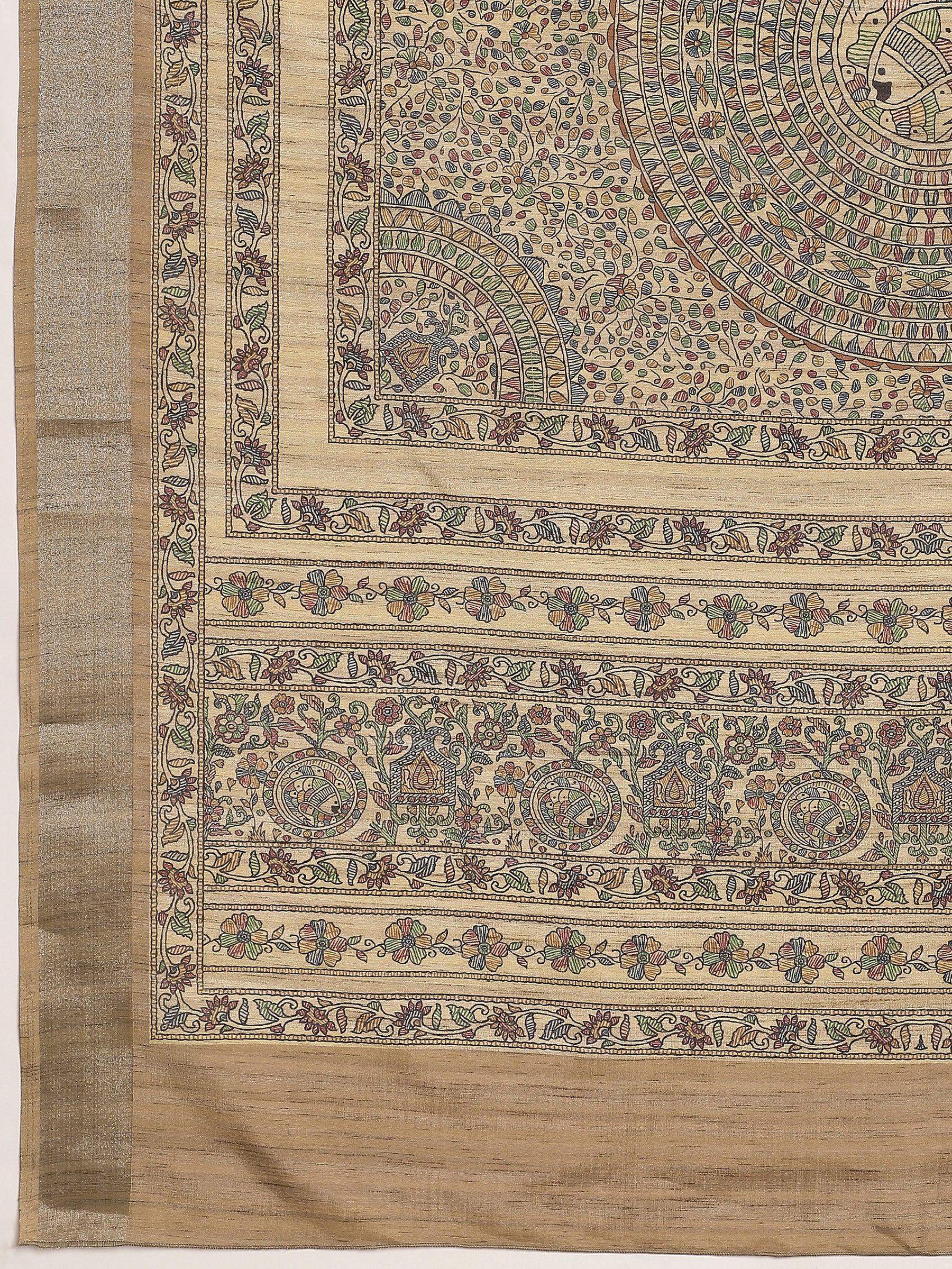 VANIKA PRINT-`Elegant Beige Madhubani Printed Linen Saree with Floral Heritage Border