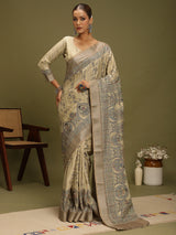 VANIKA PRINT-Elegant Beige Madhubani Printed Linen Saree with Heritage Wheel Motifs