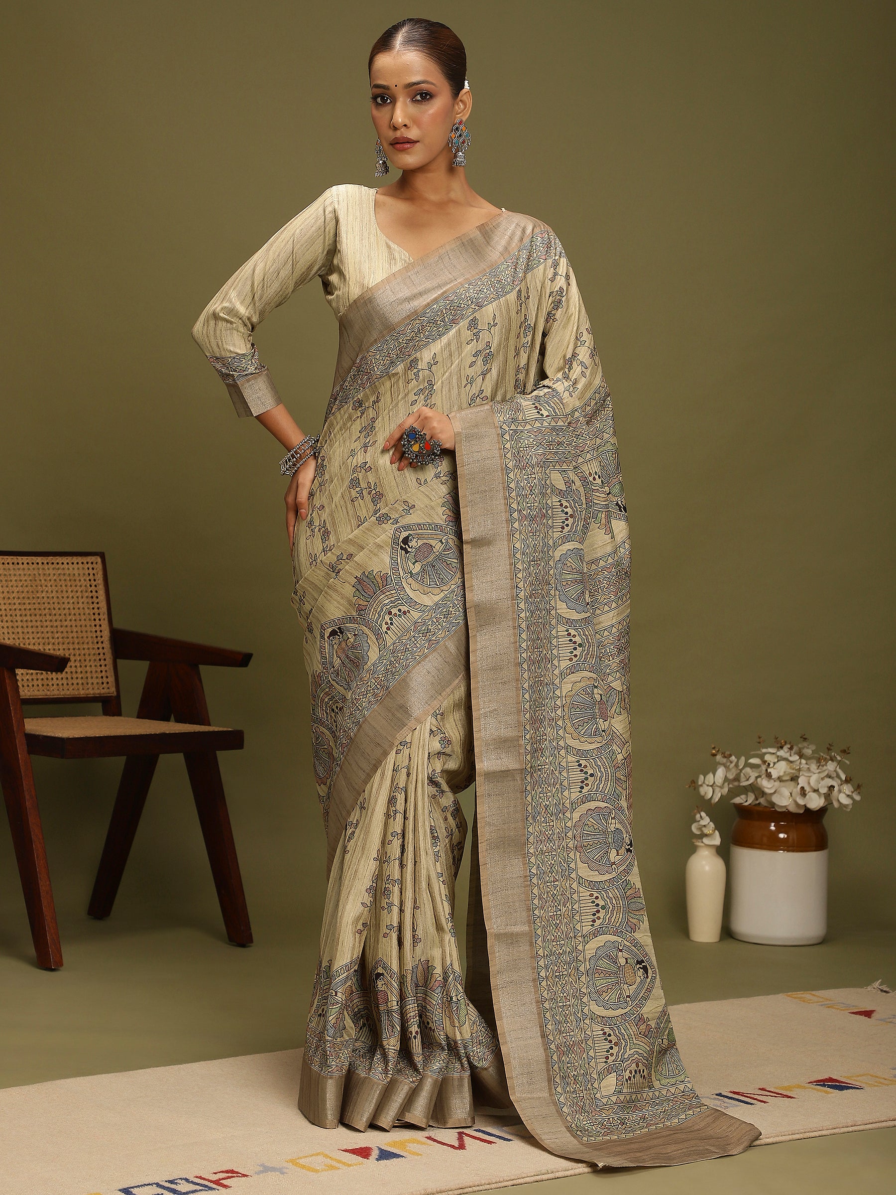 VANIKA PRINT-Elegant Beige Madhubani Printed Linen Saree with Heritage Wheel Motifs