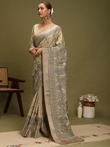 VANIKA PRINT-Elegant Beige Madhubani Printed Linen Saree with Heritage Wheel Motifs