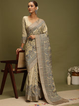 VANIKA PRINT-Elegant Beige Madhubani Printed Linen Saree with Heritage Wheel Motifs