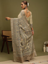 VANIKA PRINT-Elegant Beige Madhubani Printed Linen Saree with Heritage Wheel Motifs