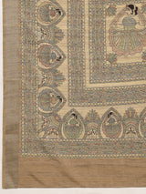 VANIKA PRINT-Elegant Beige Madhubani Printed Linen Saree with Heritage Wheel Motifs
