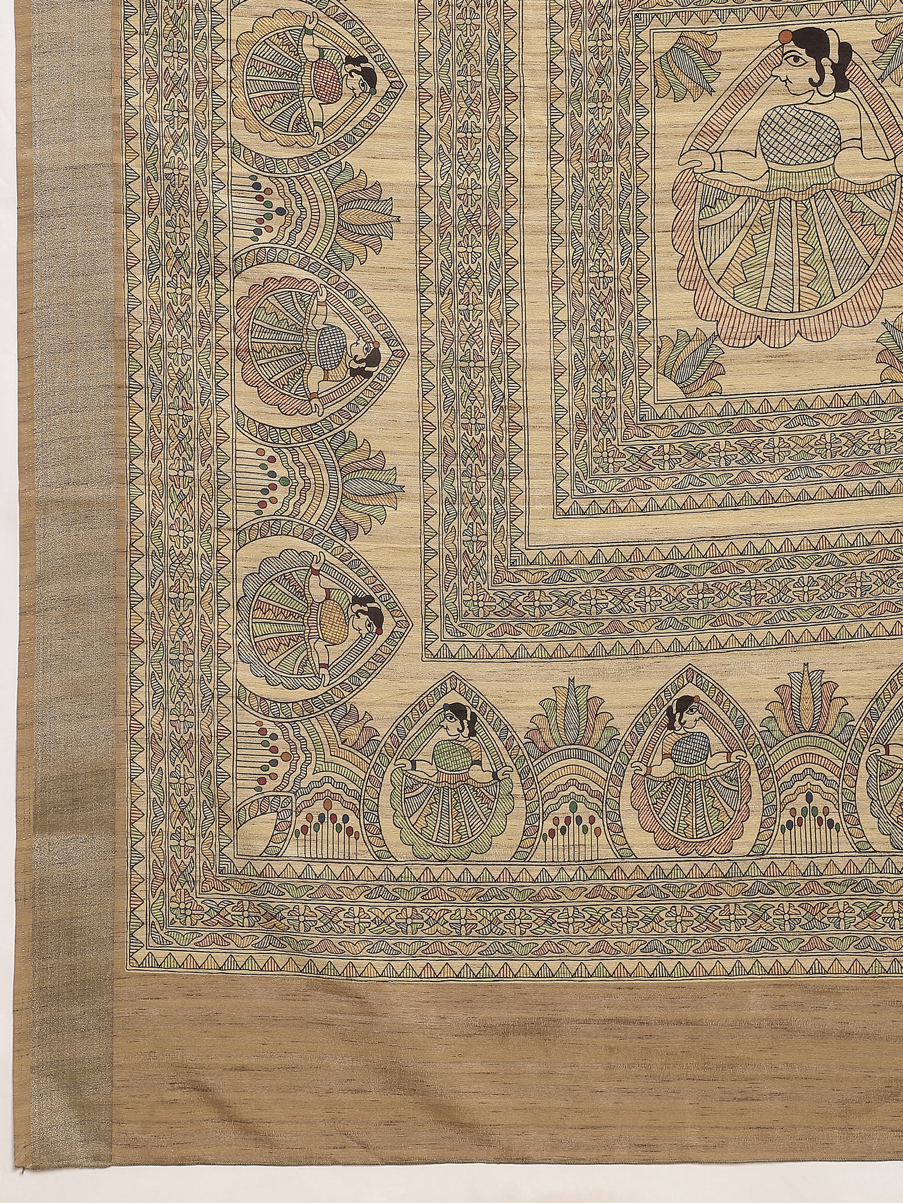 VANIKA PRINT-Elegant Beige Madhubani Printed Linen Saree with Heritage Wheel Motifs
