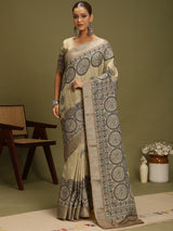 VANIKA PRINT-Elegant Beige Madhubani Printed Linen Saree with Mandala Heritage Border