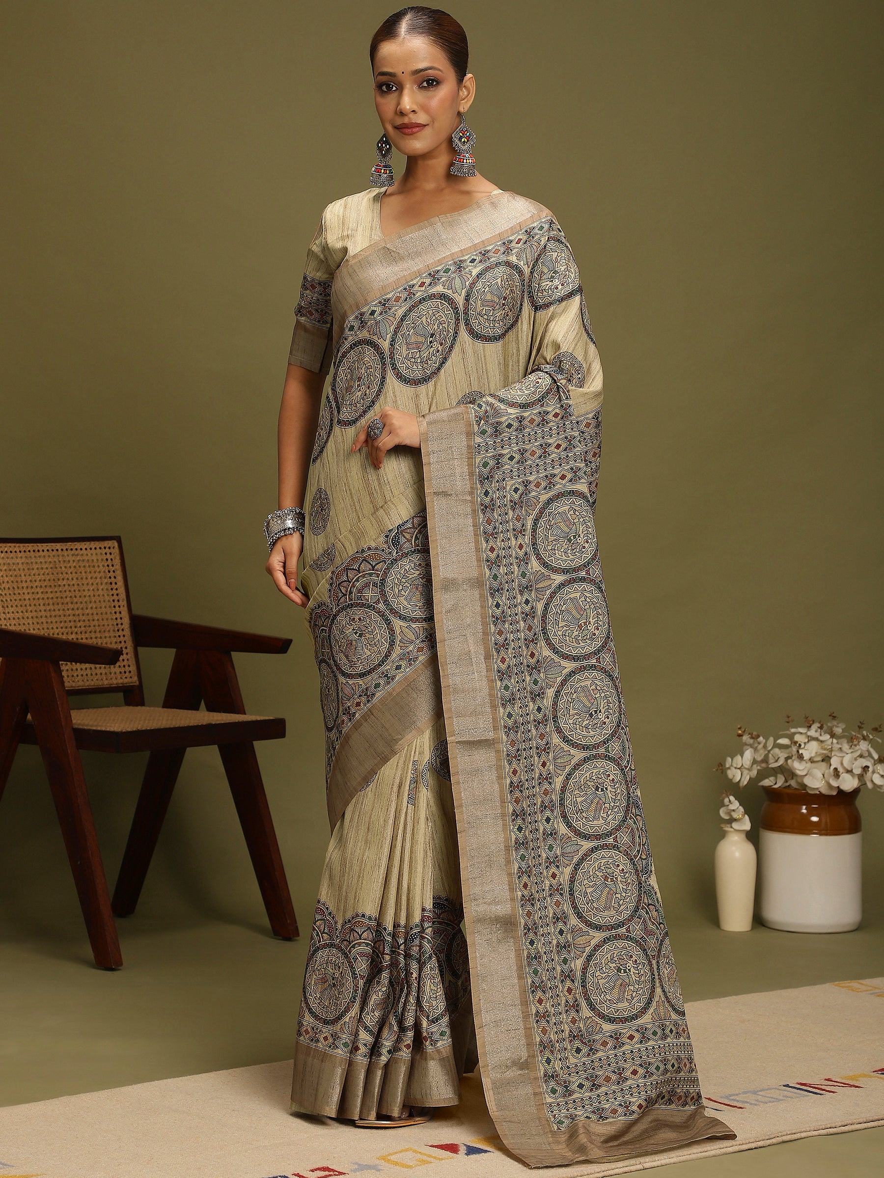 VANIKA PRINT-Elegant Beige Madhubani Printed Linen Saree with Mandala Heritage Border