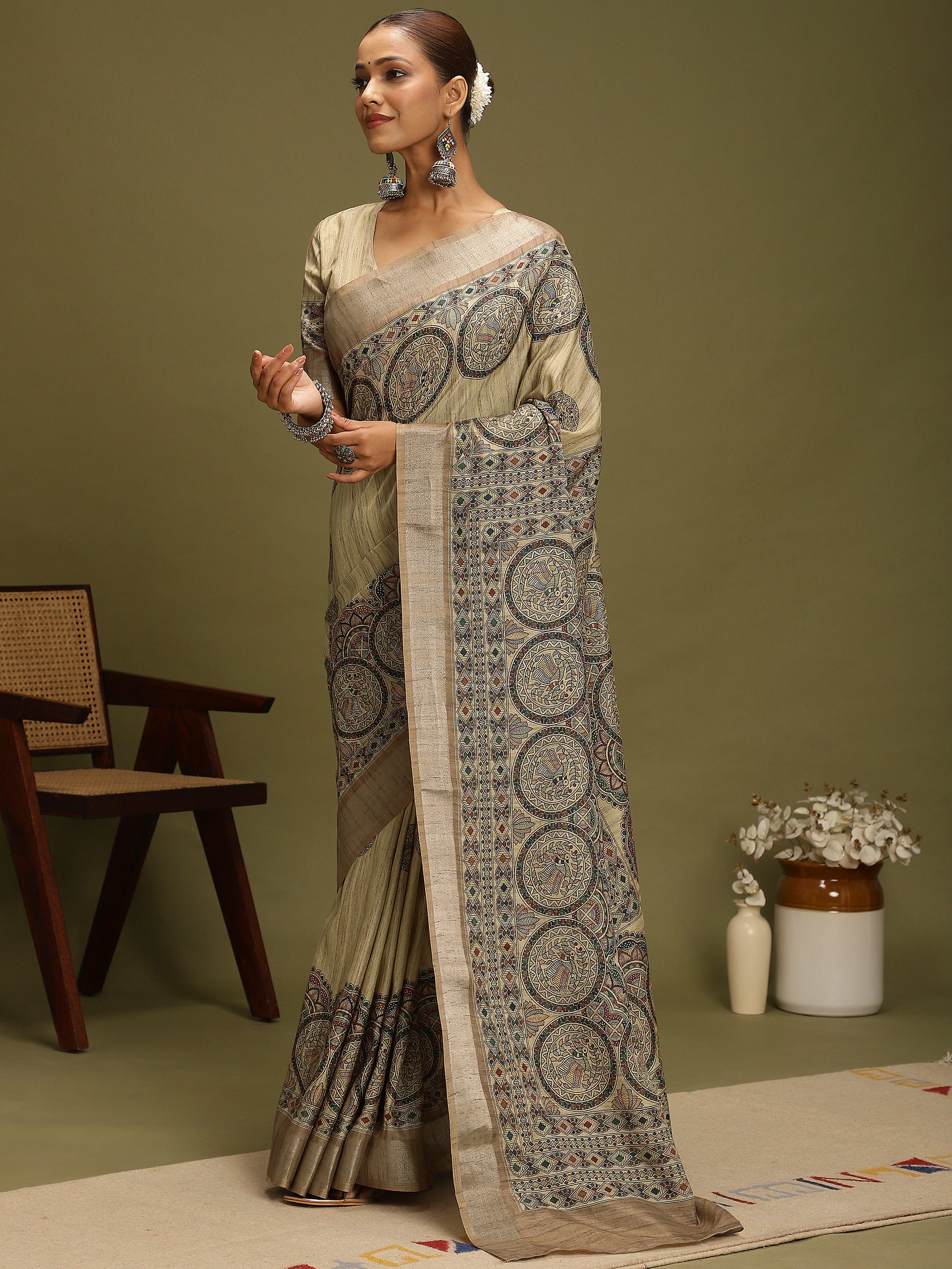 VANIKA PRINT-Elegant Beige Madhubani Printed Linen Saree with Mandala Heritage Border