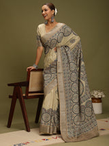 VANIKA PRINT-Elegant Beige Madhubani Printed Linen Saree with Mandala Heritage Border