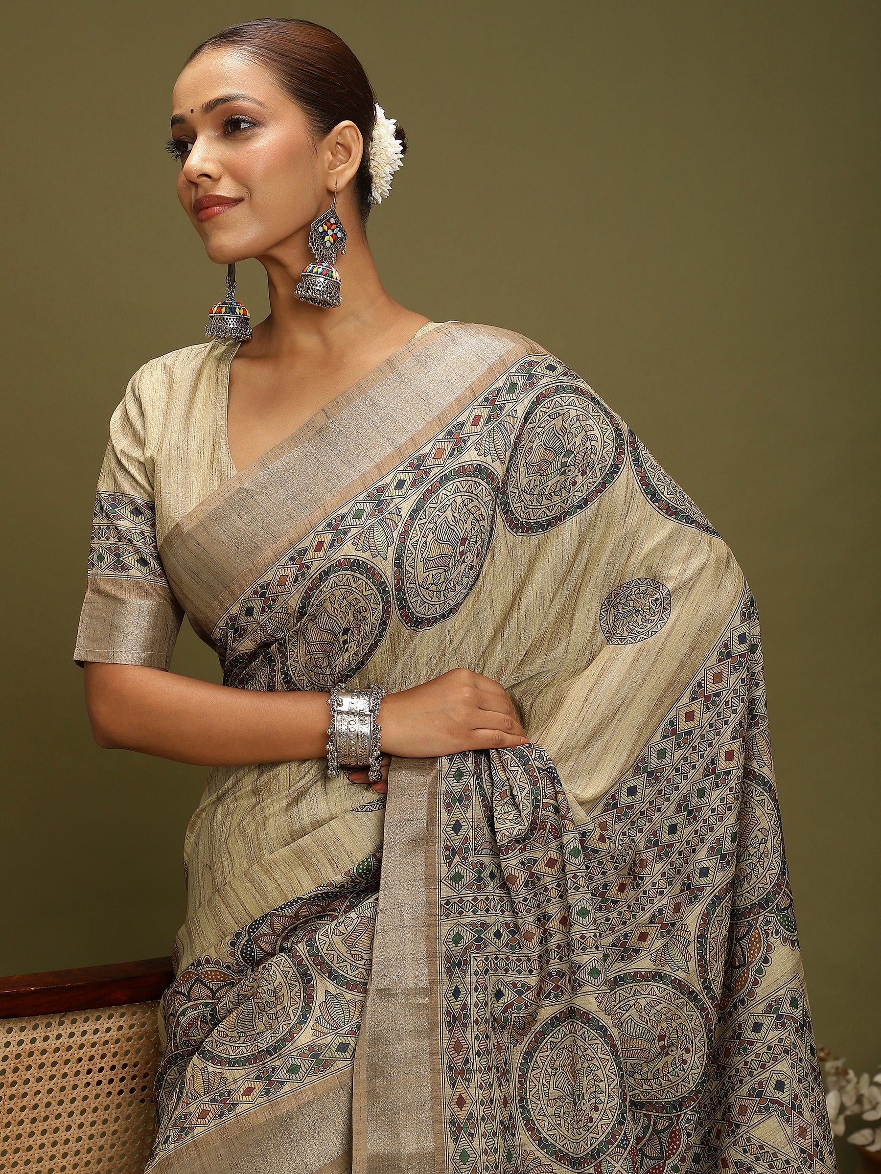 VANIKA PRINT-Elegant Beige Madhubani Printed Linen Saree with Mandala Heritage Border