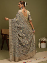 VANIKA PRINT-Elegant Beige Madhubani Printed Linen Saree with Mandala Heritage Border
