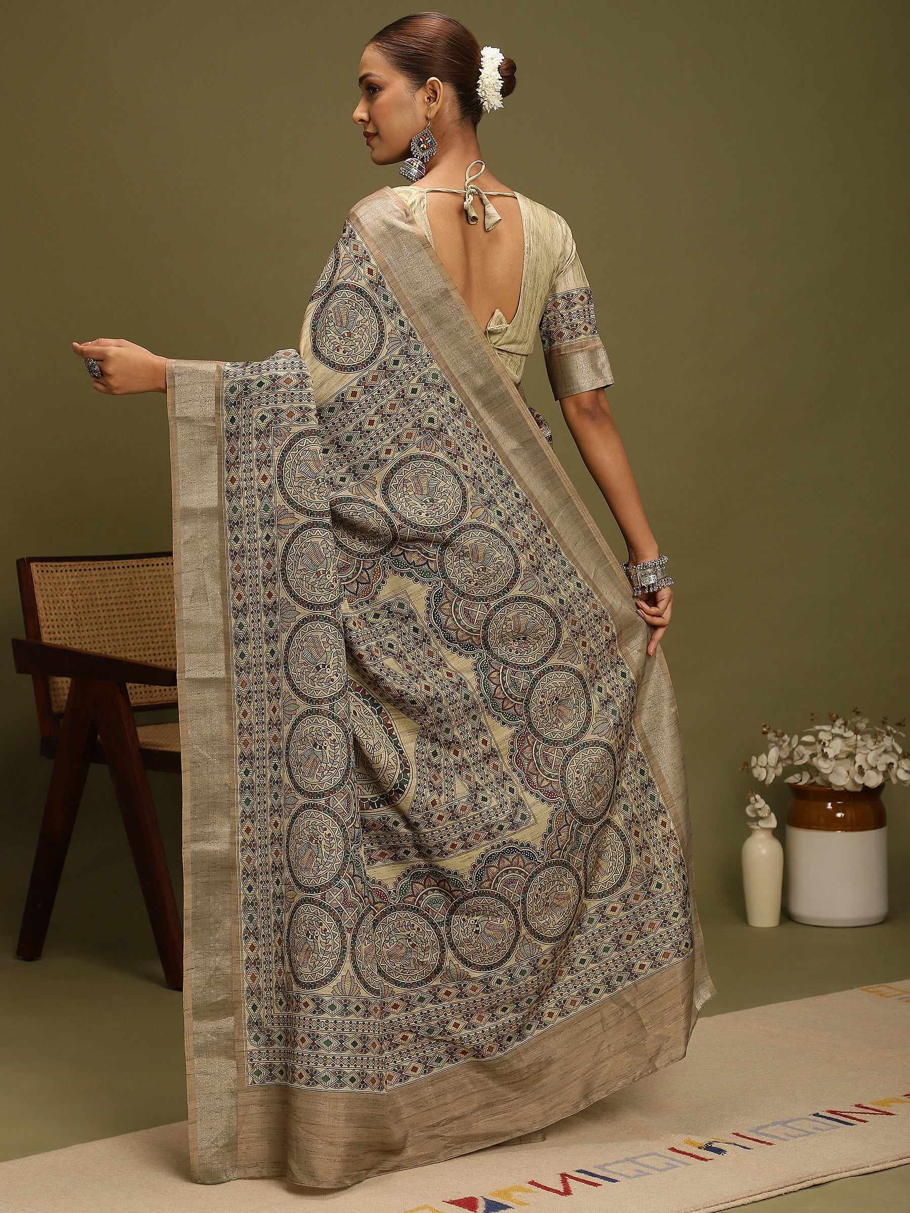 VANIKA PRINT-Elegant Beige Madhubani Printed Linen Saree with Mandala Heritage Border