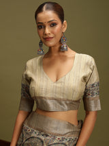 VANIKA PRINT-Elegant Beige Madhubani Printed Linen Saree with Mandala Heritage Border