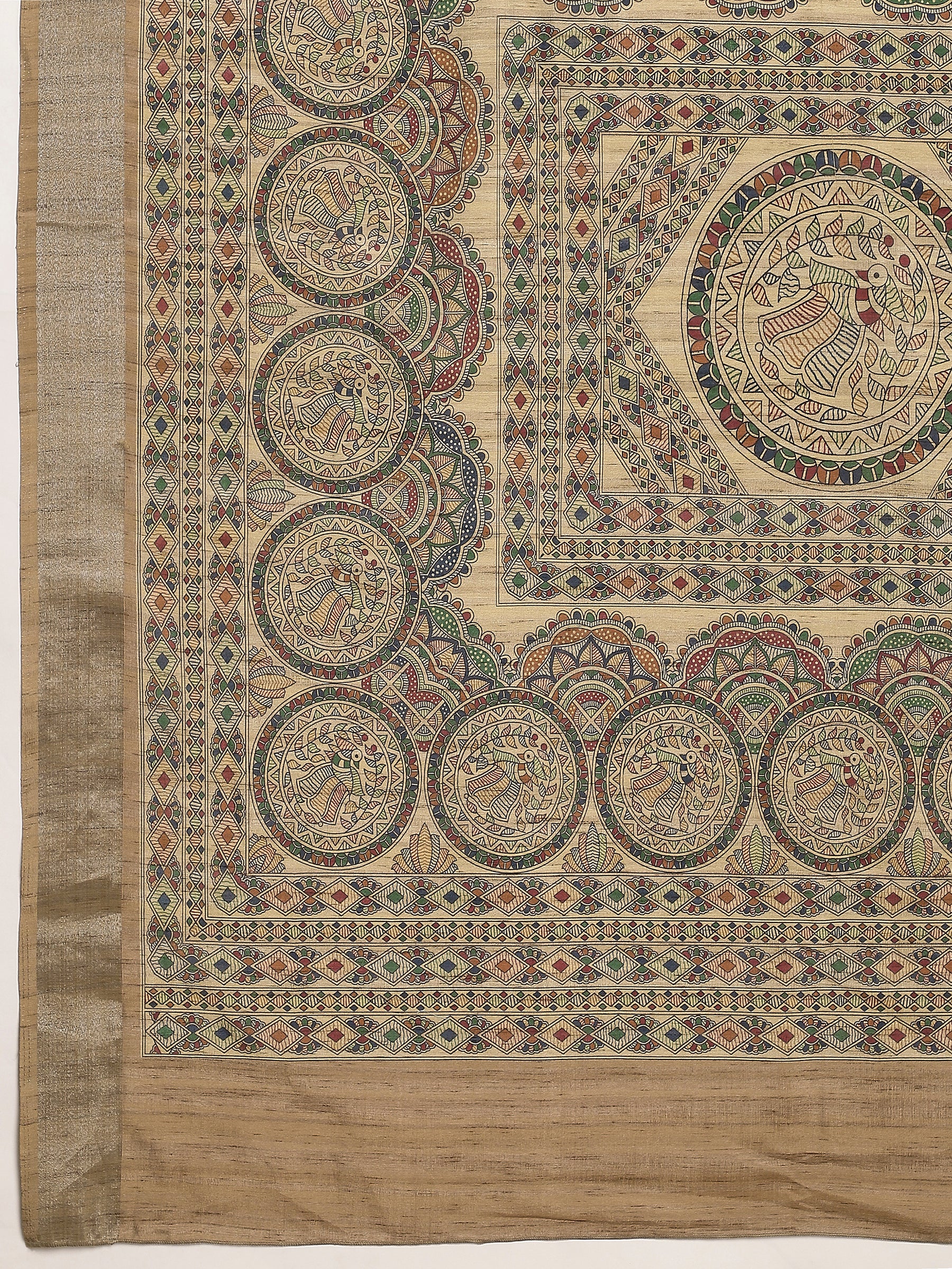 VANIKA PRINT-Elegant Beige Madhubani Printed Linen Saree with Mandala Heritage Border
