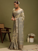 VANIKA PRINT-Elegant Handcrafted Madhubani Linen Saree in Antique Beige