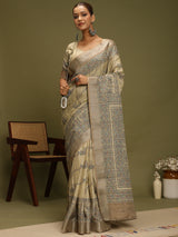VANIKA PRINT-Elegant Handcrafted Madhubani Linen Saree in Antique Beige