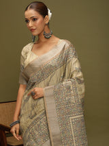 VANIKA PRINT-Elegant Handcrafted Madhubani Linen Saree in Antique Beige
