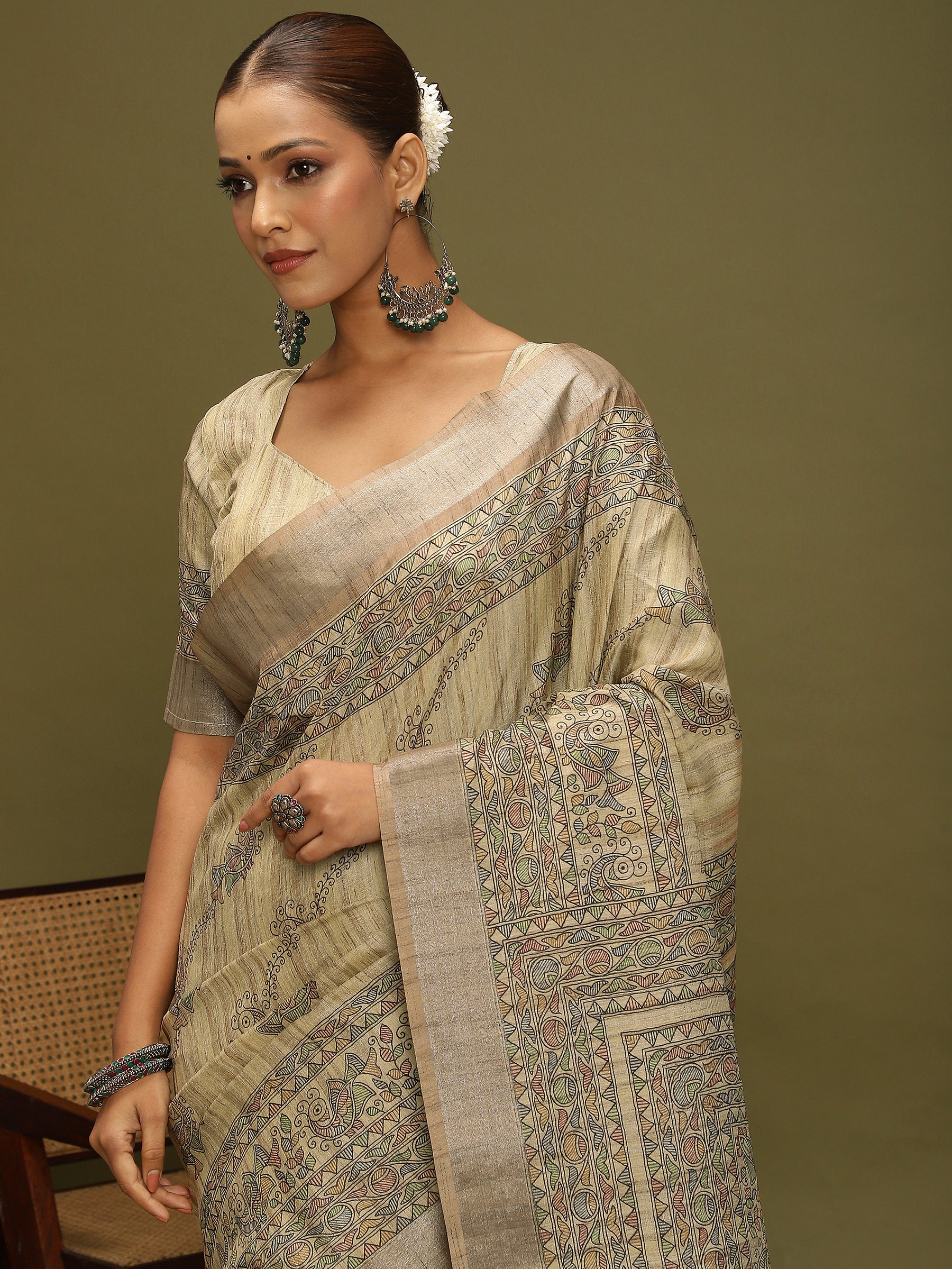 VANIKA PRINT-Elegant Handcrafted Madhubani Linen Saree in Antique Beige