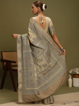VANIKA PRINT-Elegant Handcrafted Madhubani Linen Saree in Antique Beige