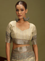 VANIKA PRINT-Elegant Handcrafted Madhubani Linen Saree in Antique Beige