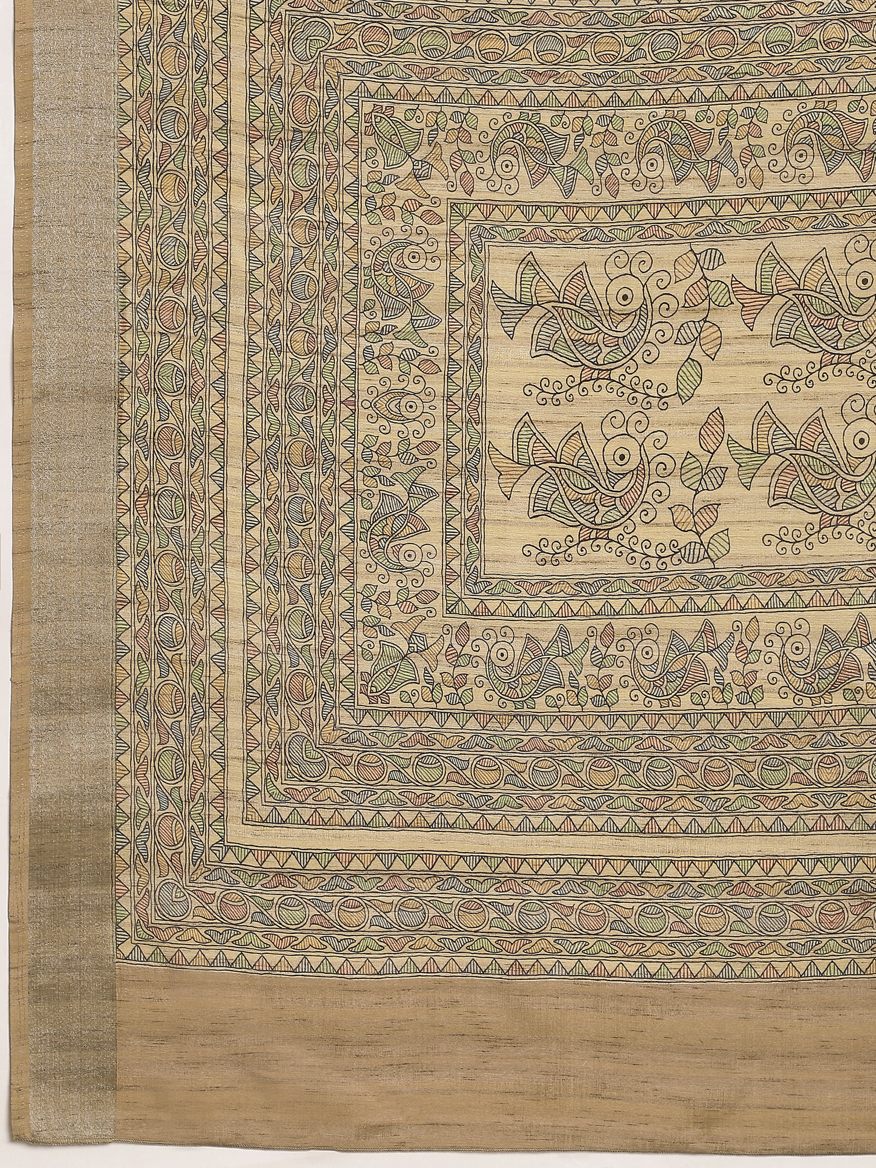 VANIKA PRINT-Elegant Handcrafted Madhubani Linen Saree in Antique Beige