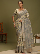 VANIKA PRINT-Elegant Beige Madhubani Printed Linen Saree with Artistic Pallu”  or