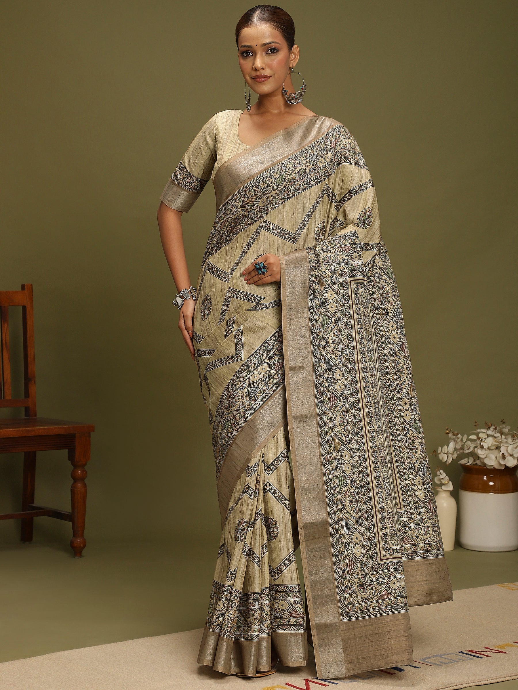 VANIKA PRINT-Elegant Beige Madhubani Printed Linen Saree with Artistic Pallu”  or