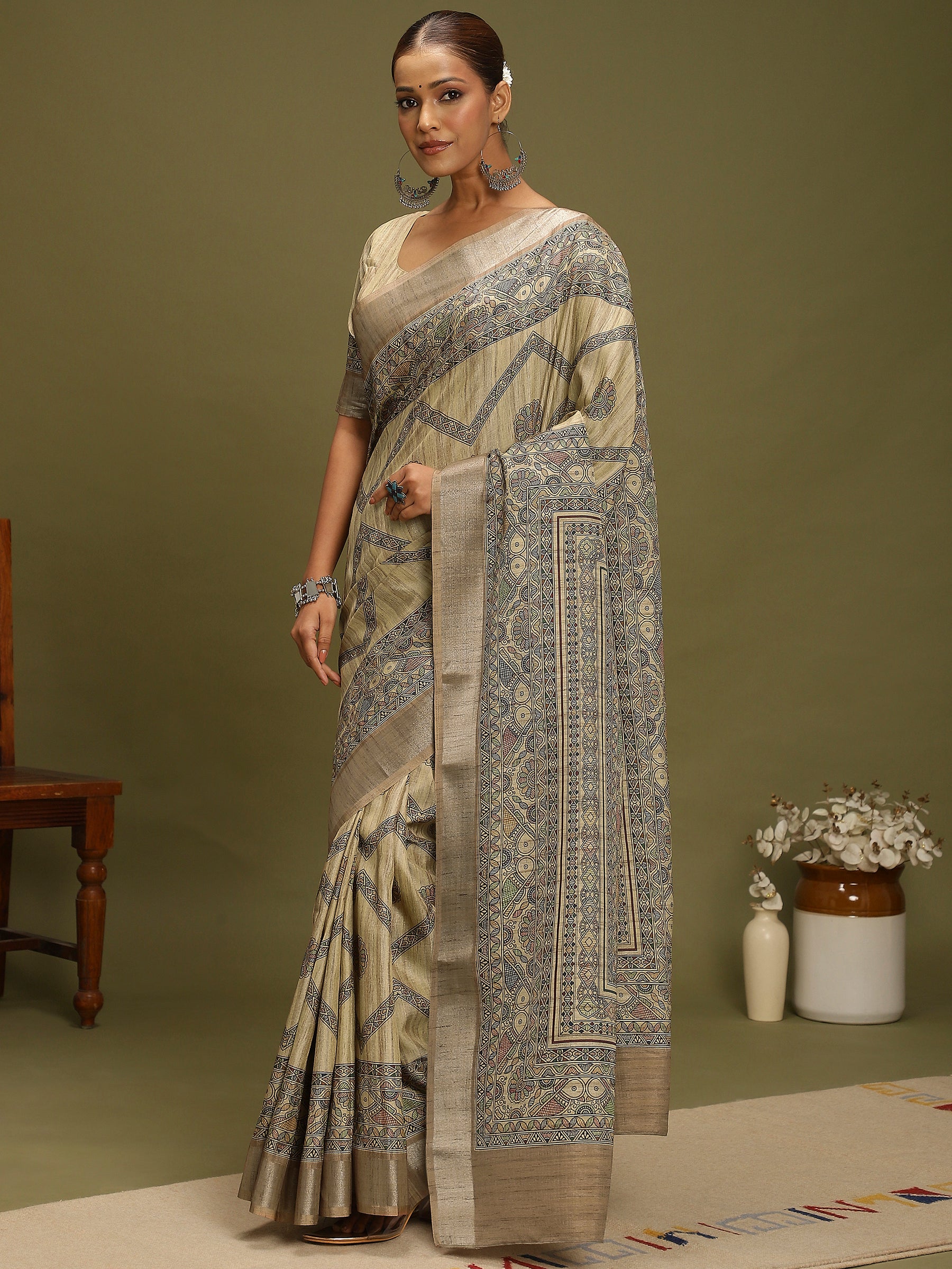 VANIKA PRINT-Elegant Beige Madhubani Printed Linen Saree with Artistic Pallu”  or