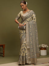 VANIKA PRINT-Elegant Beige Madhubani Printed Linen Saree with Artistic Pallu”  or