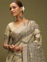 VANIKA PRINT-Elegant Beige Madhubani Printed Linen Saree with Artistic Pallu”  or