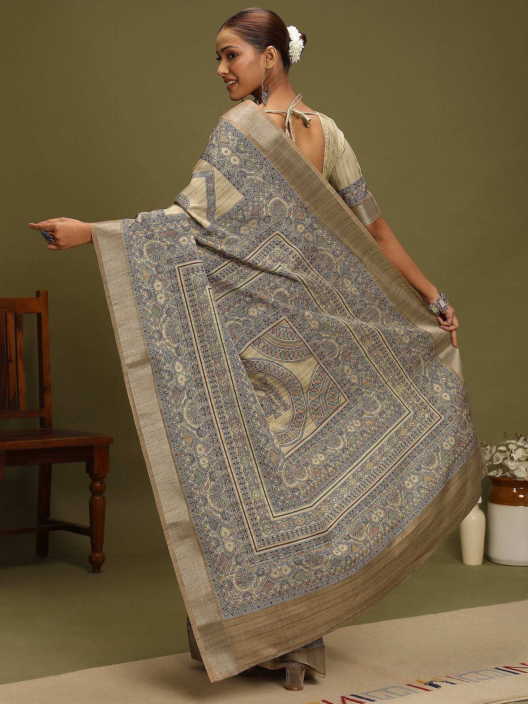 VANIKA PRINT-Elegant Beige Madhubani Printed Linen Saree with Artistic Pallu”  or