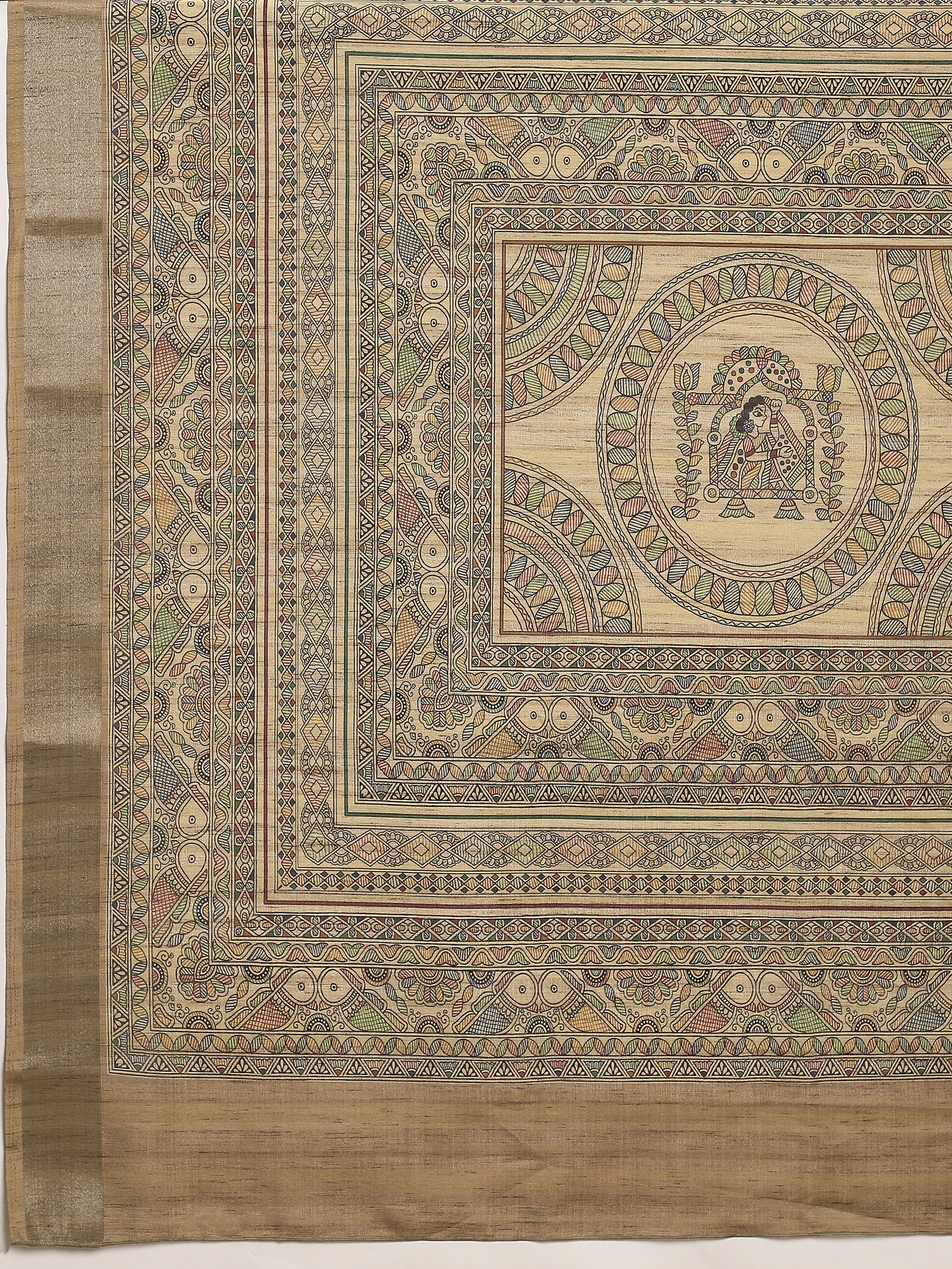 VANIKA PRINT-Elegant Beige Madhubani Printed Linen Saree with Artistic Pallu”  or