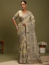 VANIKA PRINT-Ivory Madhubani Heritage Linen Saree