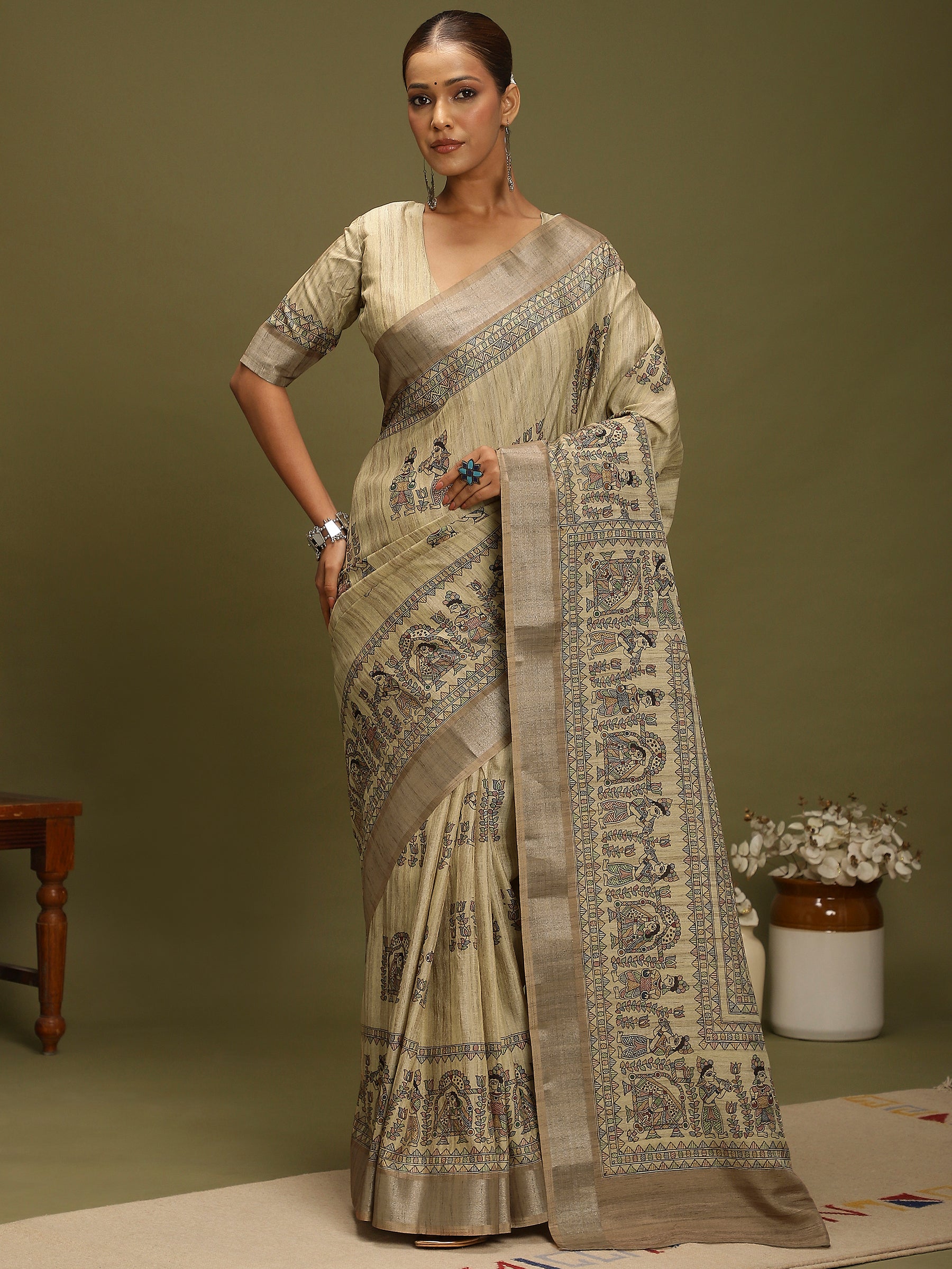 VANIKA PRINT-Ivory Madhubani Heritage Linen Saree