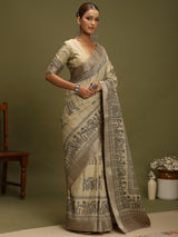 VANIKA PRINT-Ivory Madhubani Heritage Linen Saree