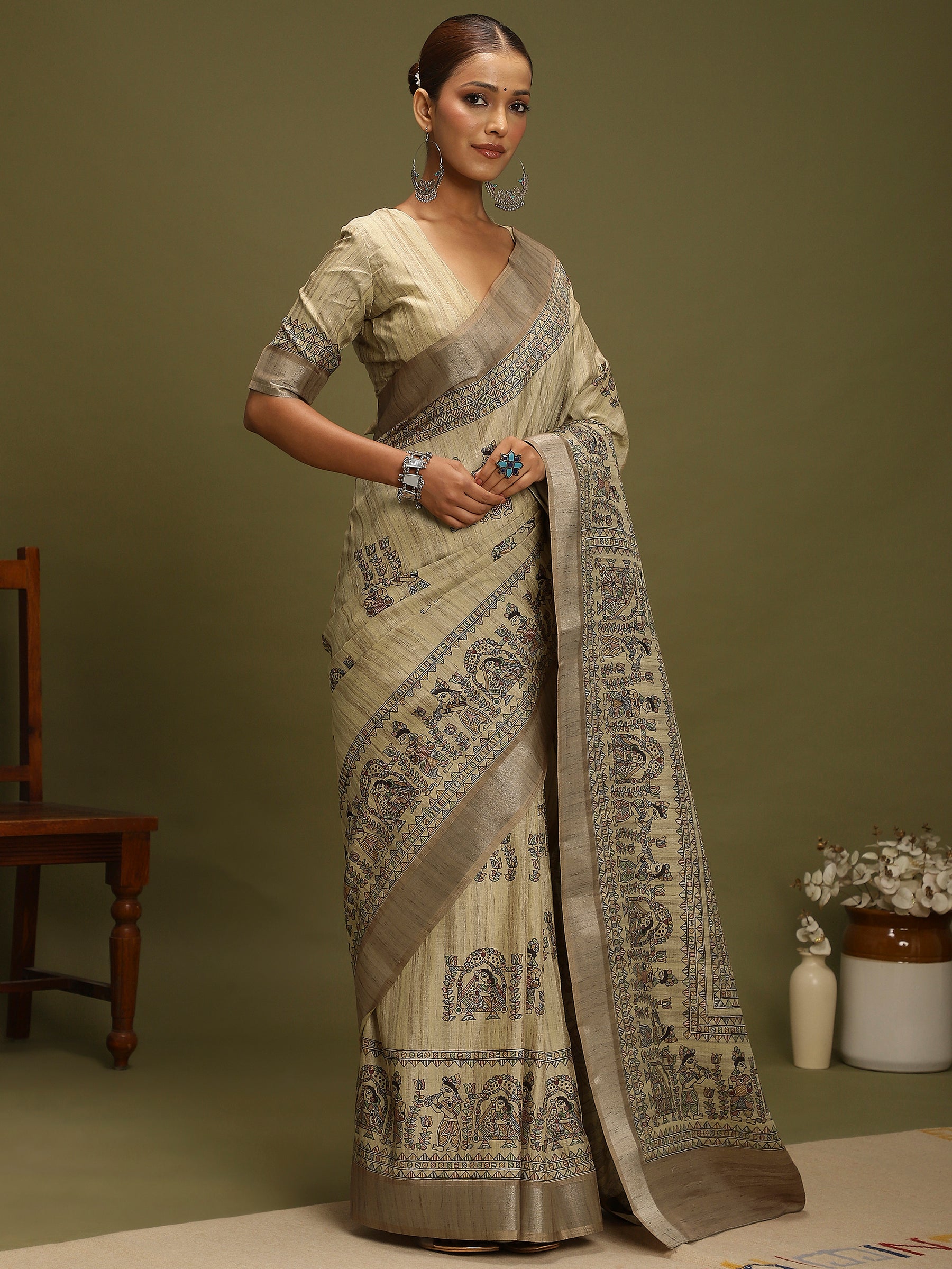 VANIKA PRINT-Ivory Madhubani Heritage Linen Saree
