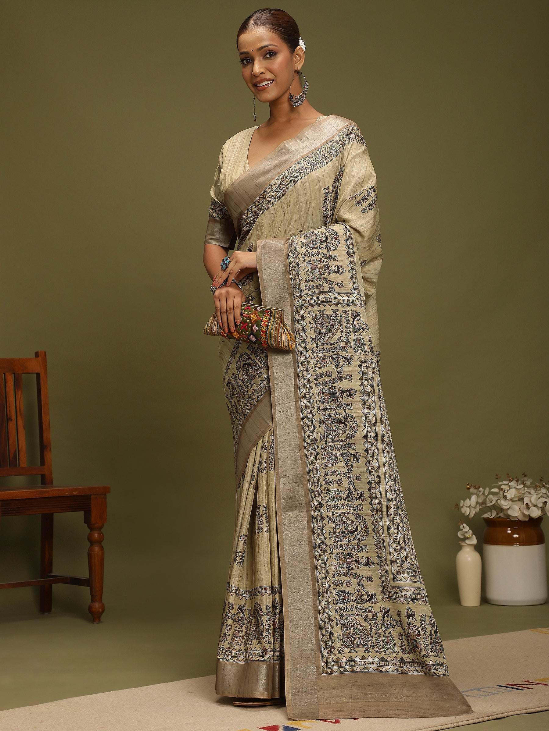 VANIKA PRINT-Ivory Madhubani Heritage Linen Saree