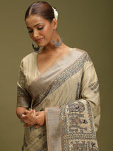 VANIKA PRINT-Ivory Madhubani Heritage Linen Saree