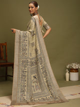 VANIKA PRINT-Ivory Madhubani Heritage Linen Saree