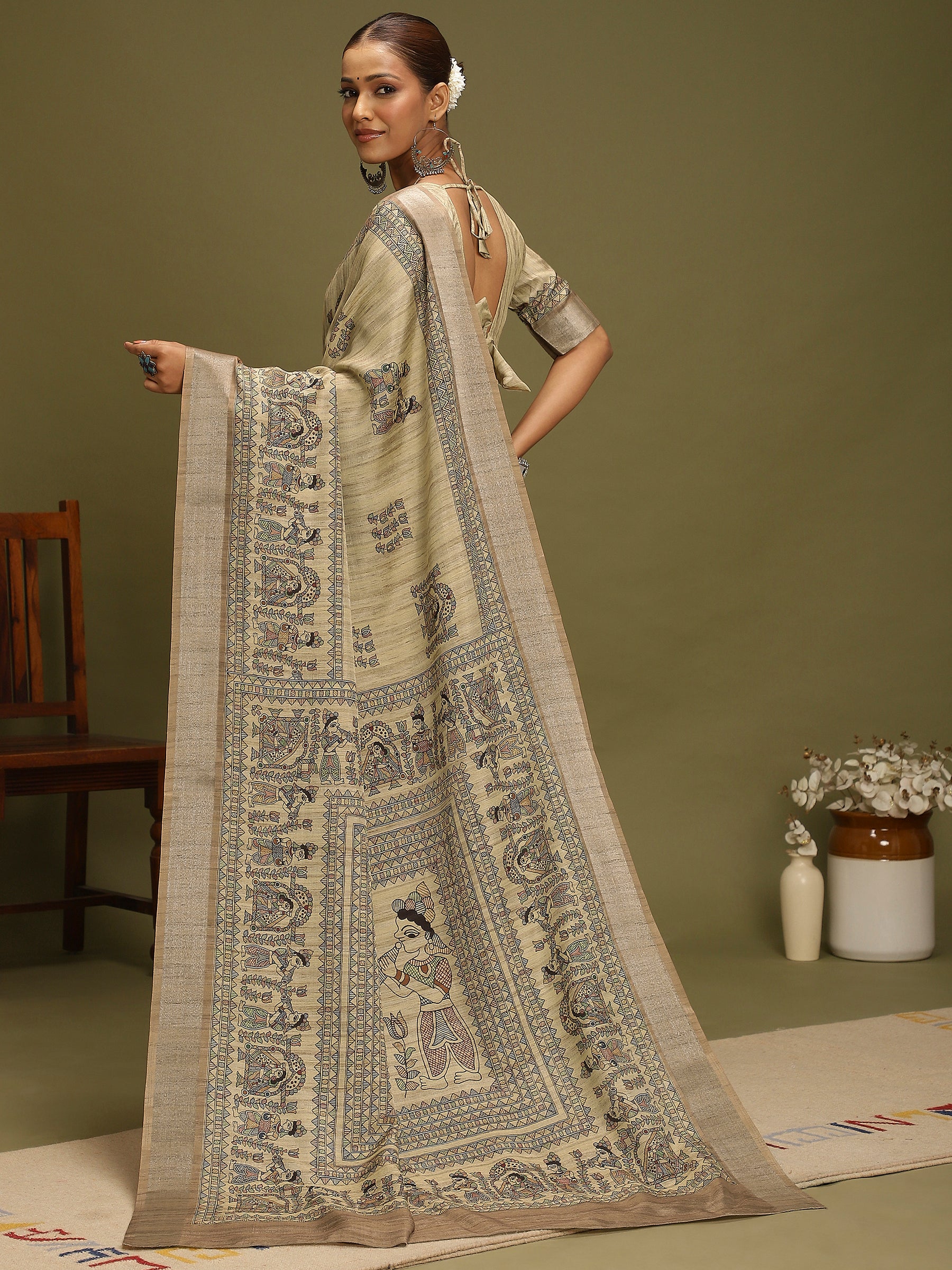 VANIKA PRINT-Ivory Madhubani Heritage Linen Saree