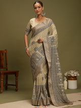 VANIKA PRINT-Beige Elephant Motif Madhubani Saree