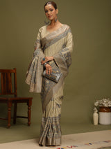 VANIKA PRINT-Beige Elephant Motif Madhubani Saree