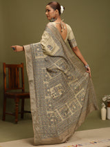 VANIKA PRINT-Beige Elephant Motif Madhubani Saree