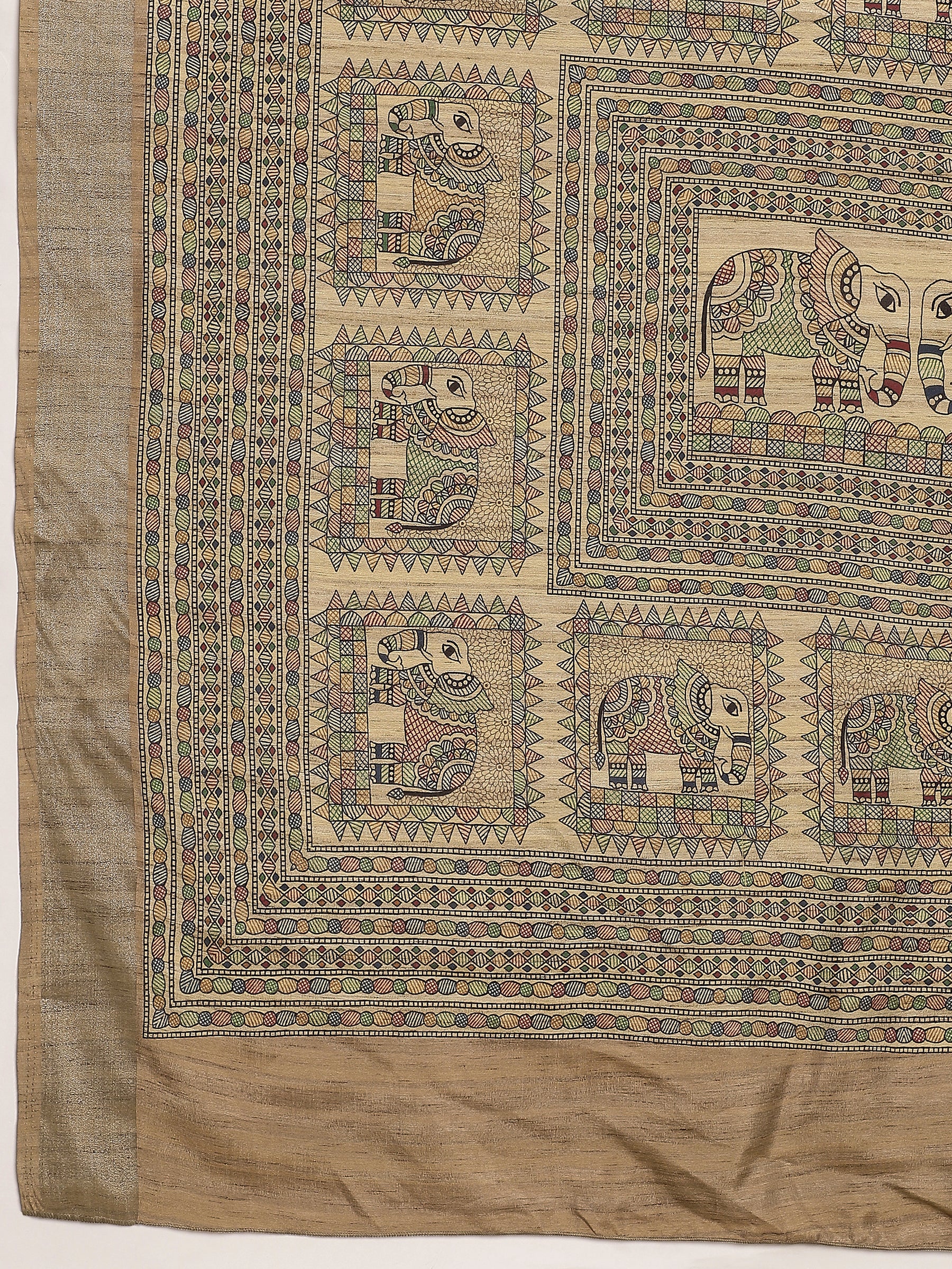 VANIKA PRINT-Beige Elephant Motif Madhubani Saree