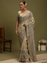 VANIKA PRINT-“Ivory Beige Linen Saree with Traditional Floral & Paisley Art Motifs”