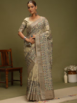 VANIKA PRINT-“Ivory Beige Linen Saree with Traditional Floral & Paisley Art Motifs”